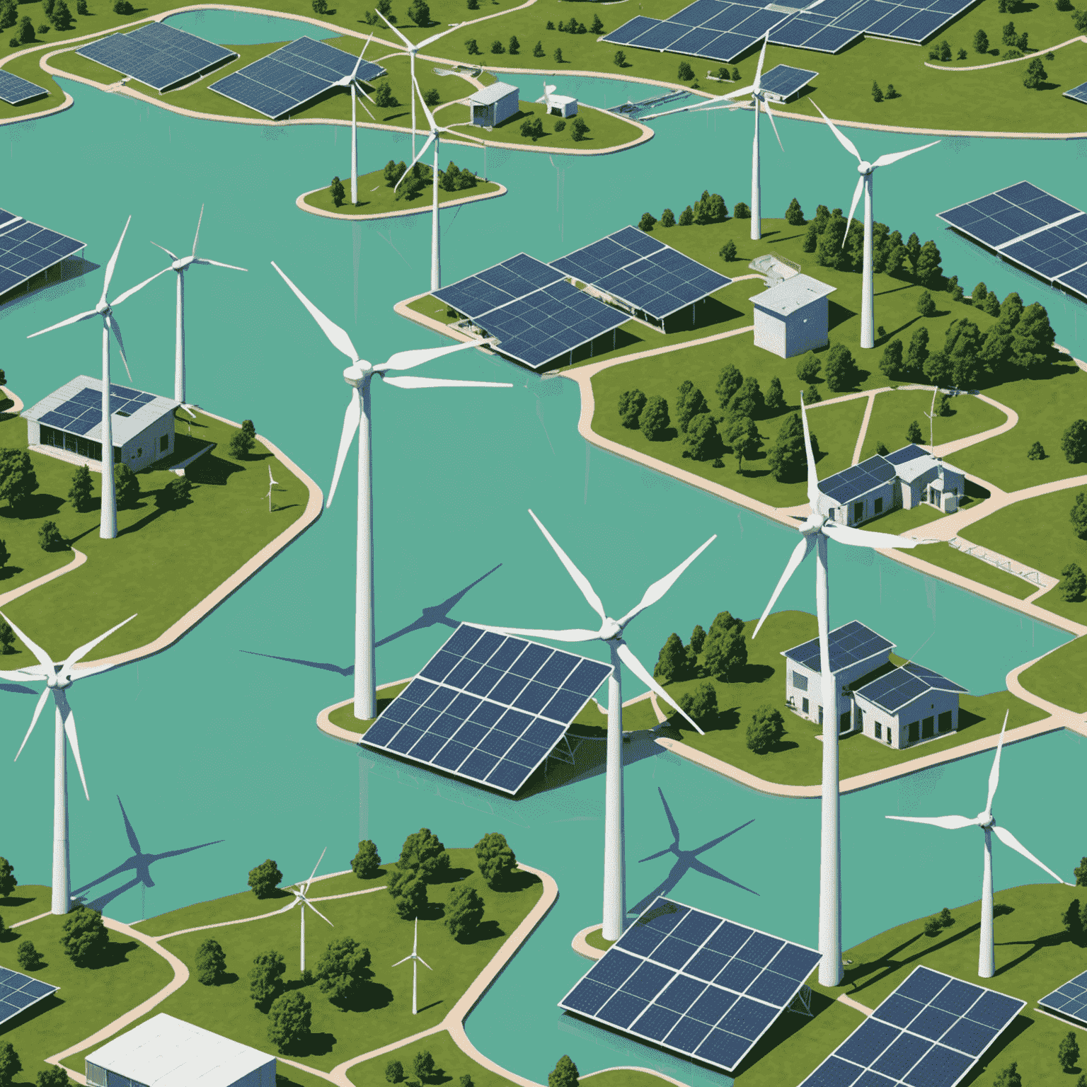 A collage of sustainable energy sources including wind turbines, solar panels, and hydroelectric dams, with a subtle mint green overlay