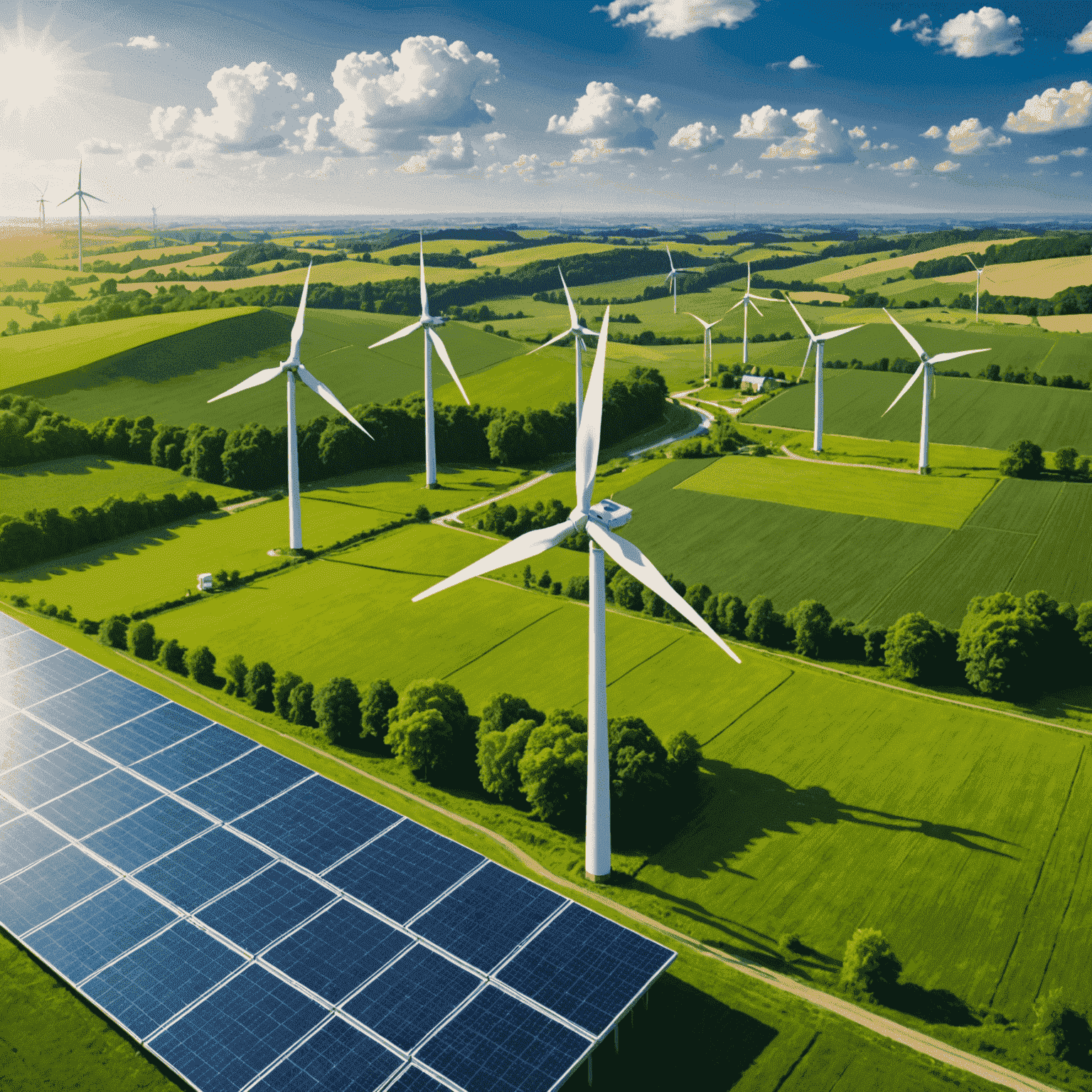 Sustainable energy landscape with wind turbines and solar panels in a lush green field, showcasing the harmony between technology and nature