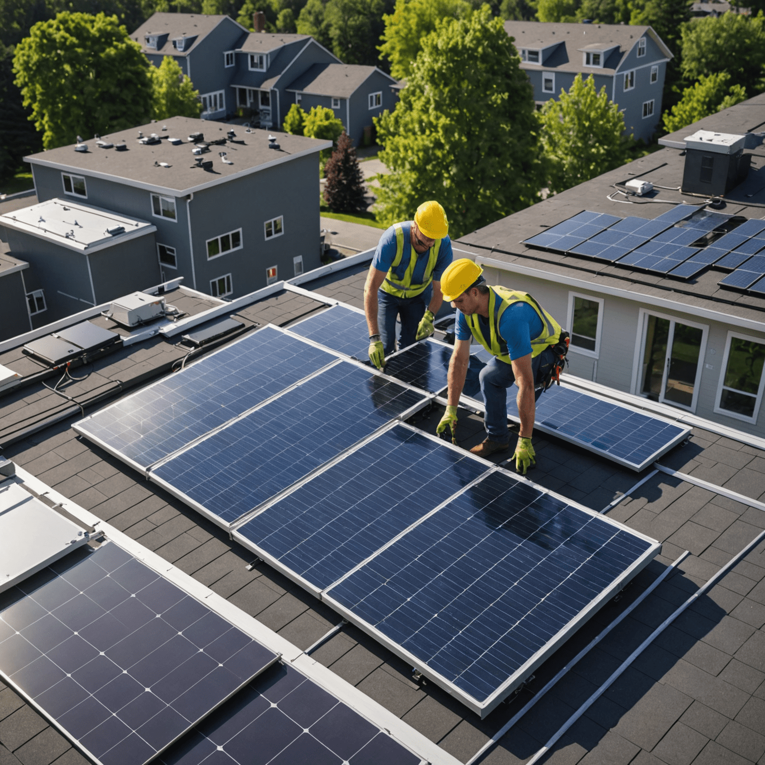 Solar panel installation on a residential rooftop with workers carefully placing and securing panels