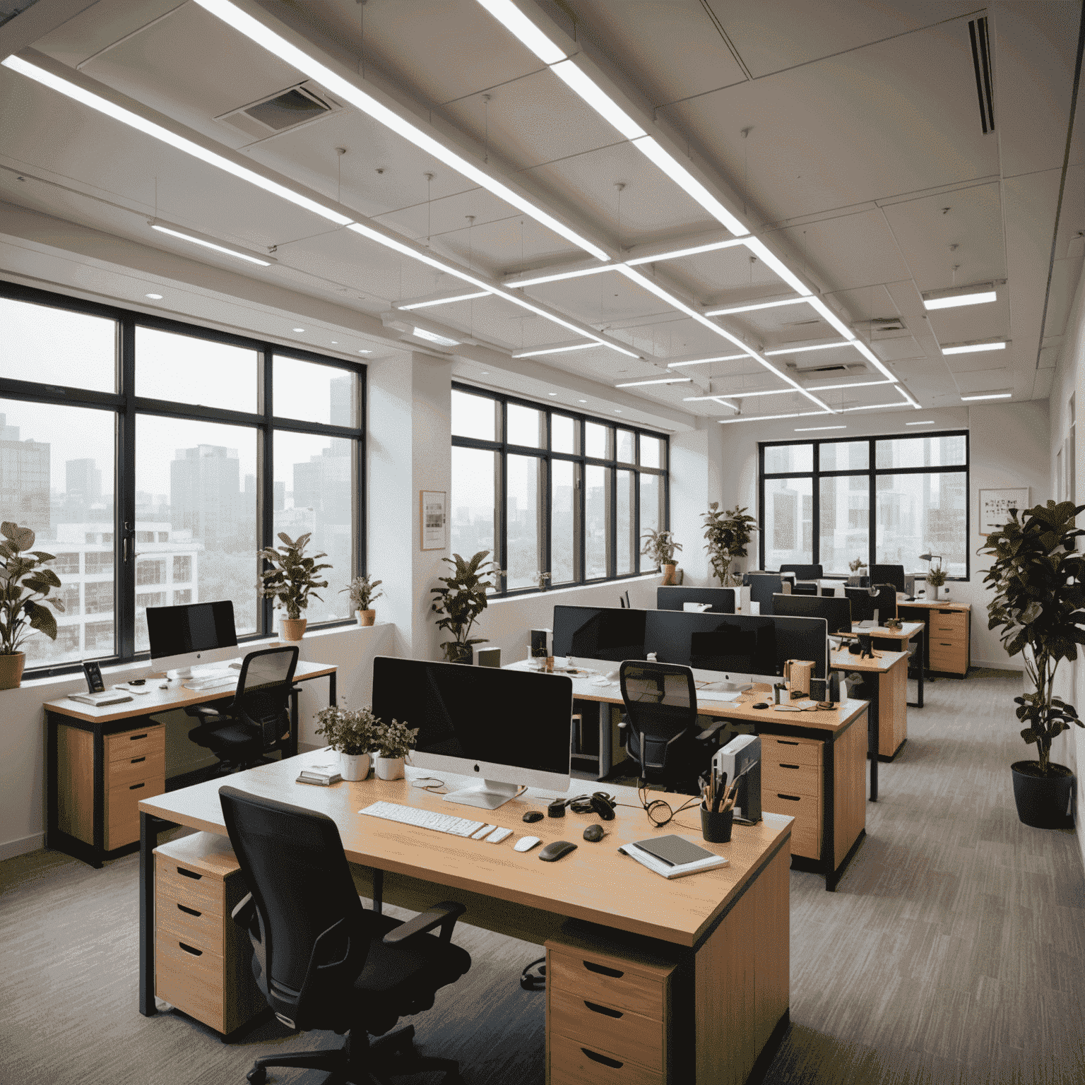 Office workspace with energy-efficient lighting, smart power strips, and employees practicing energy-saving habits