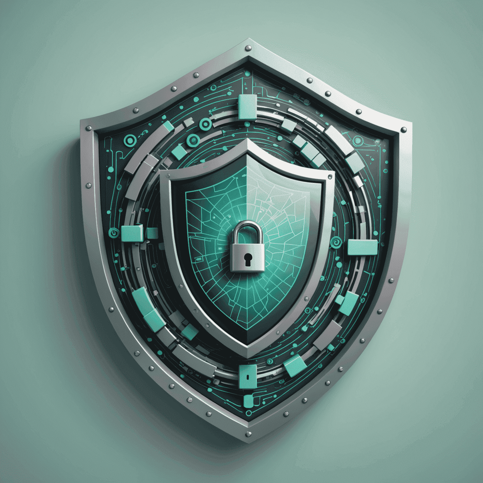 A stylized image representing data protection and privacy. It shows a shield icon with a lock, surrounded by abstract representations of data flows in mint green and gray-blue colors.