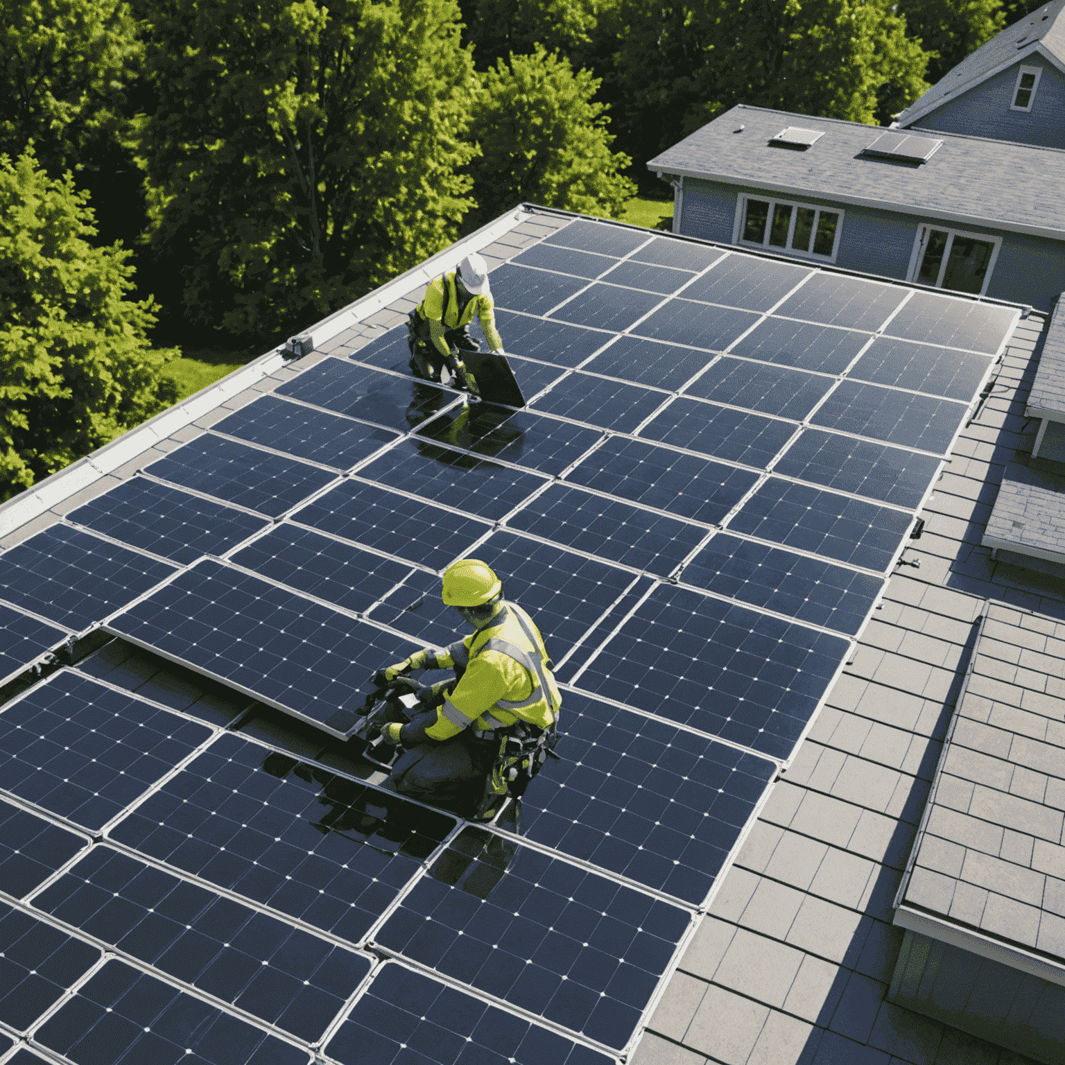 Solar panels being installed on a residential roof with workers in safety gear. The image has a slight mint green overlay.