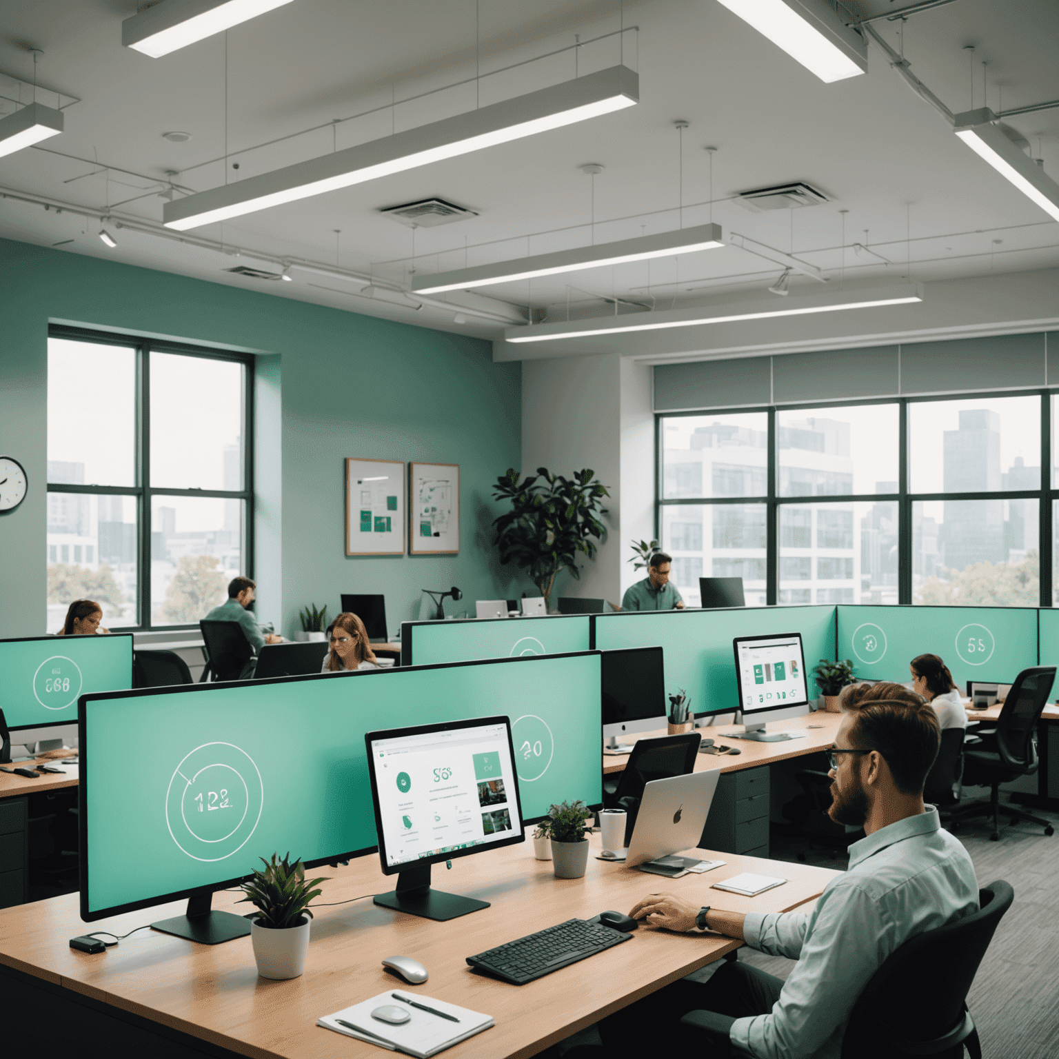 An office space with energy-efficient lighting, smart thermostats, and employees using laptops. The image has a slight mint green overlay.