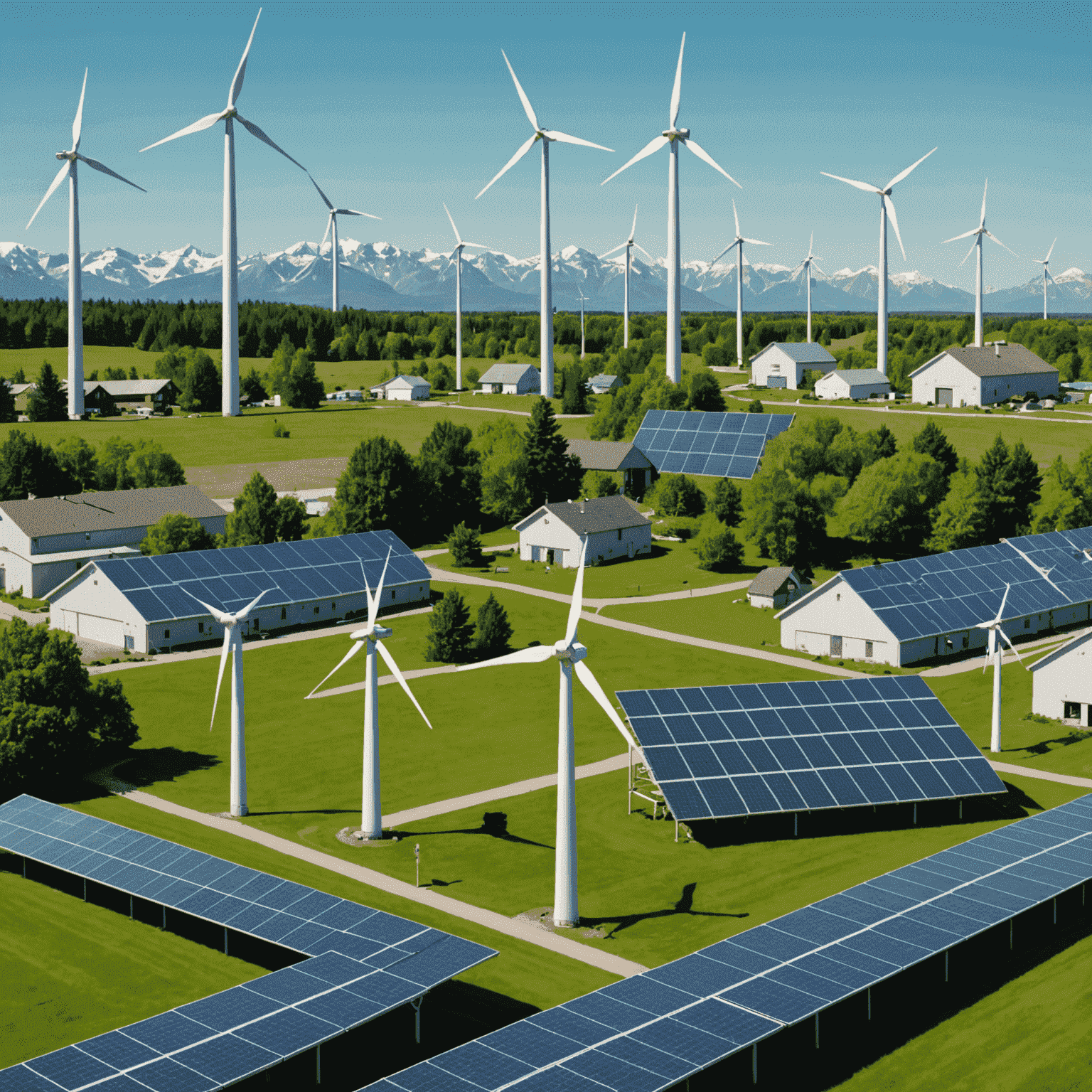 A collage of Canadian landmarks with renewable energy installations, such as wind turbines and solar farms. The image has a slight mint green overlay.