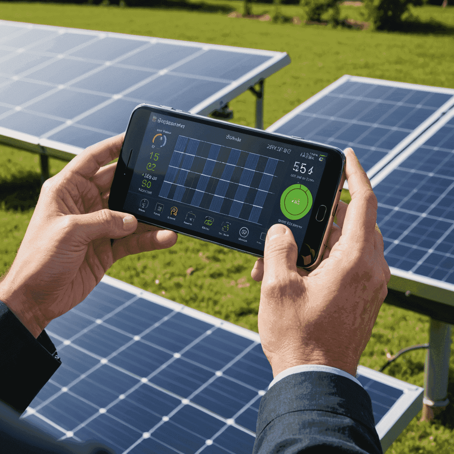 Person using a smartphone app to monitor solar panel performance and energy production