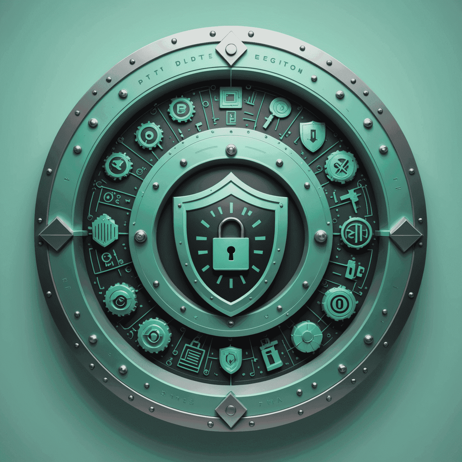 A secure vault or fortress icon in mint green, surrounded by protective shields and encryption symbols, representing the robust data protection measures in place.